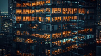 A nighttime view of a tall office building with illuminated windows, showcasing the bustling activity inside.