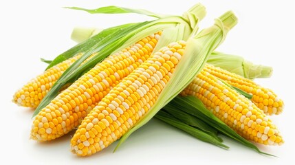 Close-up of fresh yellow corn on cob with green husks. The corn is neatly arranged on a white background, showcasing its vibrant colors and natural texture. Perfect for food and agriculture themes.