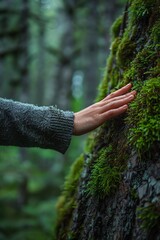 A persons hand gently touches a mosscovered tree, symbolizing a deep connection with the forest environment
