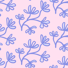 Vector floral seamless pattern. Abstract blue flowers on a stem in hand drawn style. Cottage core. Design for fabric, wallpaper, wrapping paper, cover, poster, invitation