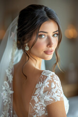An Elegant bride in a sophisticated wedding dress with veil, looking over her shoulder with a soft smile