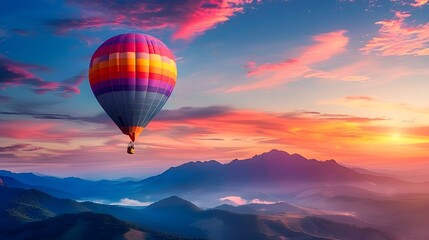 Obraz premium Vibrant Hot Air Balloon Soaring Over Majestic Mountain Range at Dramatic Sunrise Skyline