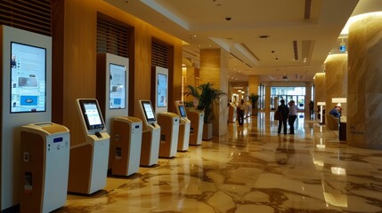 A row of self-service kiosks is located in the lobby of a modern hotel. Guests can use these kiosks to check-in and access other services.