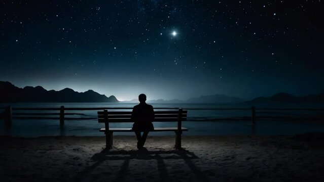 Person sitting on a lakeside bench watching the night sky change with a distant view of mountains and valleys, time-lapse of night sky witnessed by a man sitting on bench beside mountains and lake 