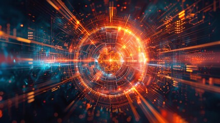 Obraz premium Futuristic digital technology background with glowing orange and blue lights, showcasing high-tech innovation and data transfer.