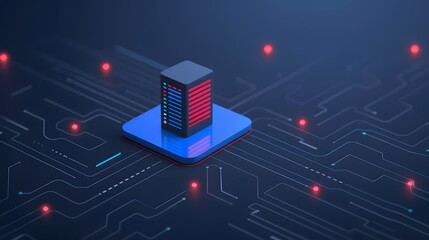 Fototapeta premium Futuristic server center on blue circuit board with glowing red lights. Concept of technology, data storage, cloud computing, and digital security.