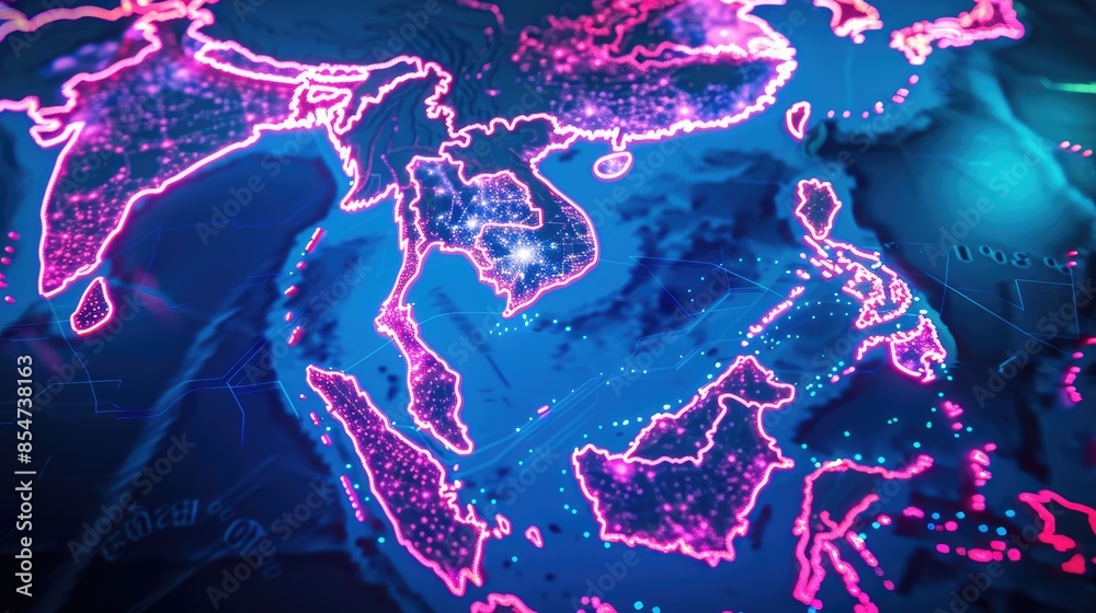 Poster a map of south east asia, highlighted in neon light. top view. generative ai.