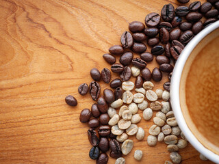 Crema espesso coffee cup, espresso  coffee and coffee bean on wooden table