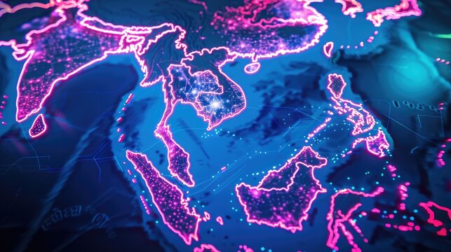 A Map of South East Asia, highlighted in Neon light. top view. Generative AI.