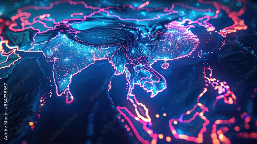 Poster a map of south east asia, highlighted in neon light. top view. generative ai.