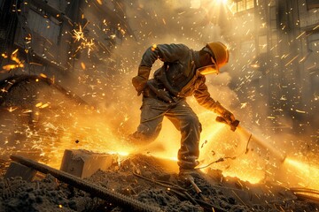 Fototapeta premium A man in a yellow helmet and safety gear is working in a dangerous environment