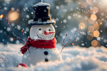 A snowman with a red scarf and hat stands in the snow
