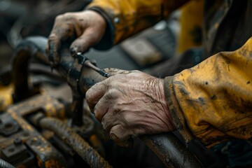 A man is working on a machine with dirty hands