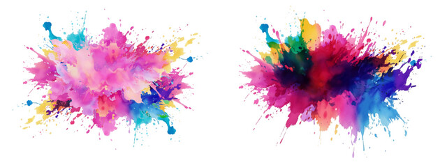 Bright colorful watercolor splash splatter stain brush strokes on white background. Modern vibrant aquarelle spot. Rainbow trendy isolated design on white. Element. Vector watercolor illustration.	