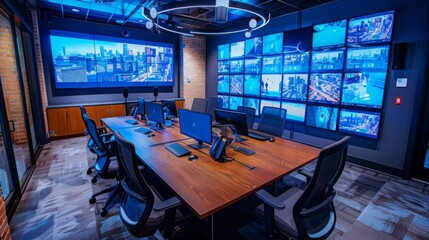 A modern control room with a large wall of screens displaying various images and data, along with a conference table and several chairs.