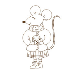 Cute mouse fairy tale character black and white doodle vector illustration