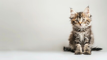 Maine Coon kitten posing in studio with white background Adorable young cat gazes at camera Pet care theme with room for text
