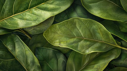 Close-up of green leaves with detailed veining and natural lighting. Botanical foliage concept for design and print. Macro shot