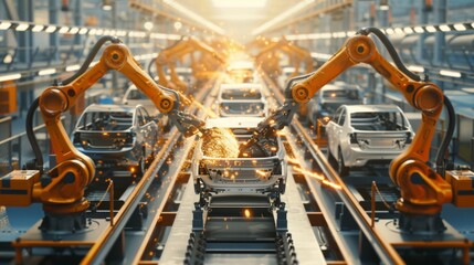 An automated car assembly line with robotic arms welding car bodies, showcasing modern manufacturing efficiency with sparks flying as robots work.