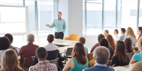 An isolated middle-aged man giving a presentation to a group of people background. The audience appears to be attentive and engaged, with a mix of ages and genders 
