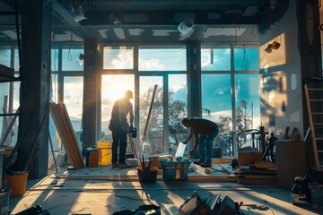 Fototapeta premium Two men are working in a room with a lot of debris and construction materials