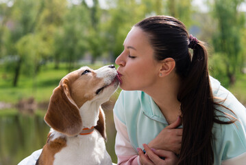 Dog kisses and licks the owner. Woman and Beagle dog. Beautiful colorful summer natural Idyllic...