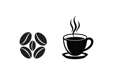 Coffee hot cup with beans icon silhouette, vector illustration isolated on a white background