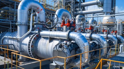 A close-up view of a complex industrial piping system at a refinery, showcasing large pipes, valves, and machinery. The metal structures are shiny and appear to be well-maintained.