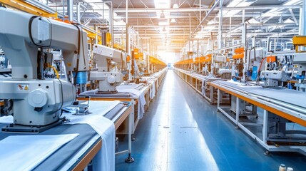 Naklejka premium A long row of automated sewing machines operate in a large factory setting, each machine diligently working on a piece of white fabric.