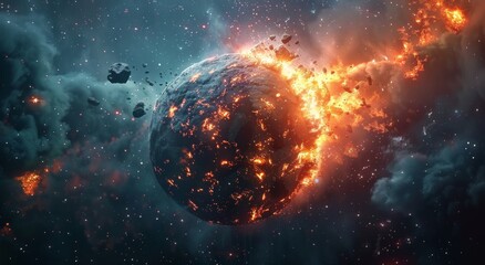 Obraz premium Fiery Asteroid Impact on Planet Surface With Debris Field