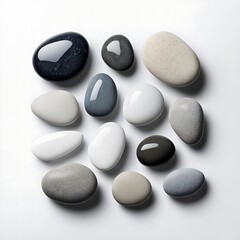Set of glossy sea pebbles isolated on a white background. Perfect for design, advertising, and projects with a marine theme. Close up, top view