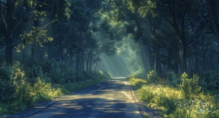 Fototapeta premium Sunlit Path Through A Lush Green Forest On A Sunny Day