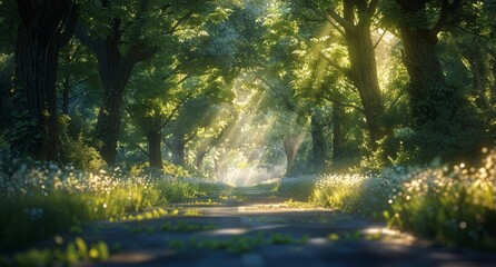 Obraz premium Sunlit Path Through A Lush Green Forest On A Sunny Day