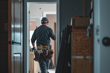 A man in a blue shirt and a hard hat is walking through a room