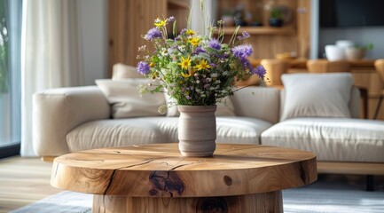 Modern Living Room With Wooden Coffee Table and Floral Arrangement
