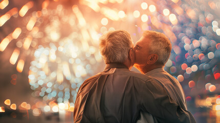 Obraz premium An older gay couple celebrates Independence Day. happy elderly gay couple looking at fireworks in american flag colors, photo with copy space.