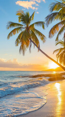 Fototapeta premium Tall palm trees on the ocean or seashore. Creative trendy summer tropical background. Vacation travel concept. Vertical orientation.