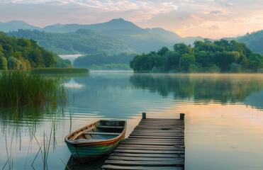 Tranquil Wooden Dock Leading to a Calm Lake Surrounded by Lush Green Mountains at Sunrise