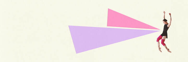 Banner. Contemporary art collage. Ballerina dancing with sharp triangles, as she dancing through pain. Pastel color scheme. Concept of music, urban and aesthetic fusion. Minimalistic art style.