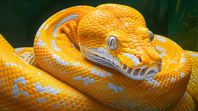 A close-up of a coiled yellow snake. The scales glisten with intricate details and vibrant hues. Its eyes are captivating and detailed.