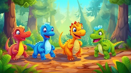 Naklejka premium Cute dinosaurs in the jungle illustration. Cartoon dinosaurs in the jungle.