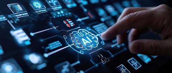 Fototapeta premium Hand interacting with AI technology interface, representing futuristic artificial intelligence in digital data environment.