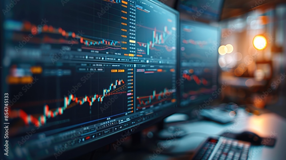 Poster a close-up monitors which reflect stock market data at the current moment and analyze stock market d