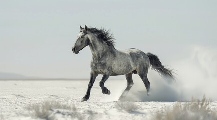 Obraz premium A Grey Horse Running Through A Dusty Desert Landscape