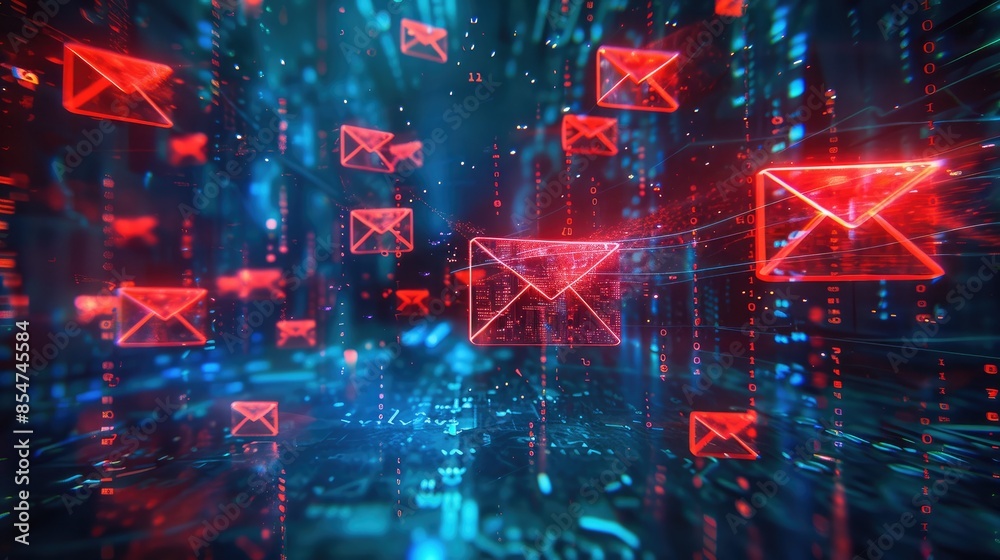 Poster an email phishing scam, floating emails with malicious content, bright colors symbolize the lure, wh