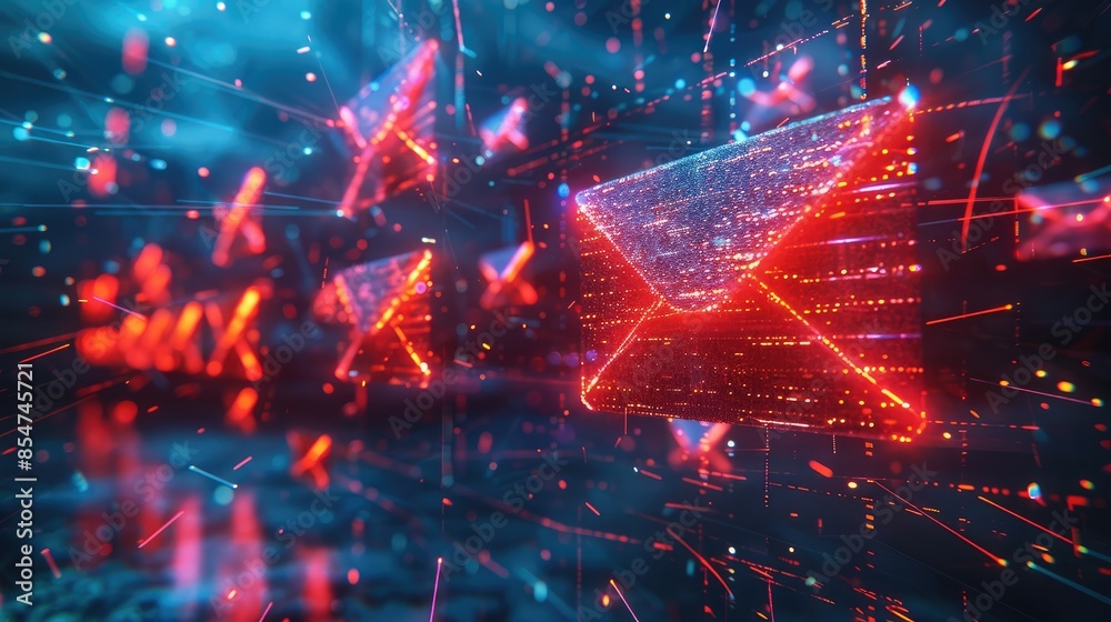 Poster An email phishing scam, floating emails with malicious content, Bright colors symbolize the lure, while dark shadows hint at the danger. The central email is opening like a trap. Generative AI.