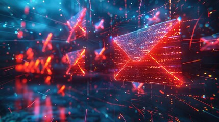 An email phishing scam, floating emails with malicious content, Bright colors symbolize the lure, while dark shadows hint at the danger. The central email is opening like a trap. Generative AI.