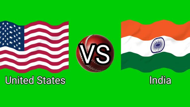 United States vs India Match Wavy Flags and bouncing ball isolated on Green Background