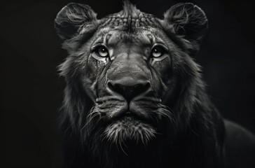 Fototapeta premium Black And White Lion Portrait In Low Light