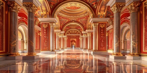 Obraz premium Grand Hallway with Golden Columns and Red Walls